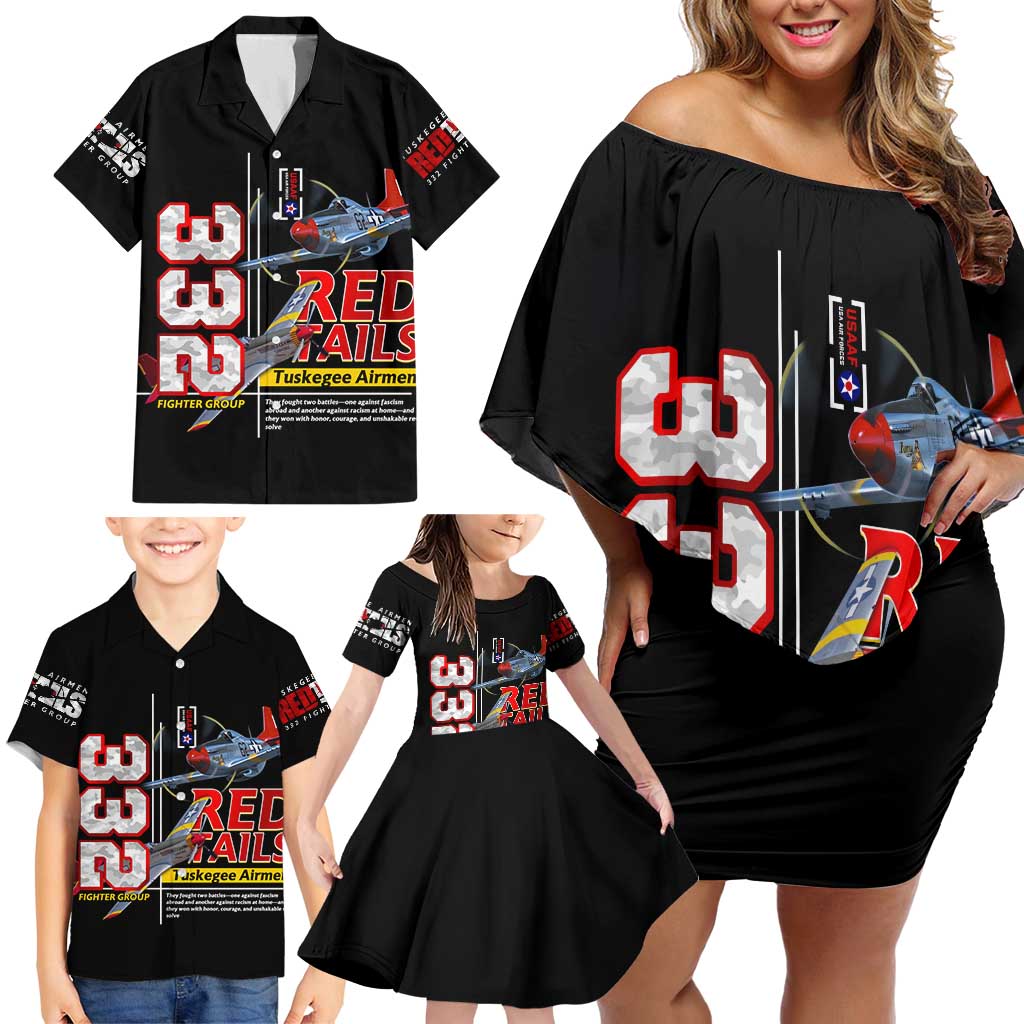 Red Tails Spitfire Tuskegee Airmen Family Matching Off Shoulder Short Dress and Hawaiian Shirt 332nd Fighter Group WWII Legacy Tribute - Wonder Print Shop