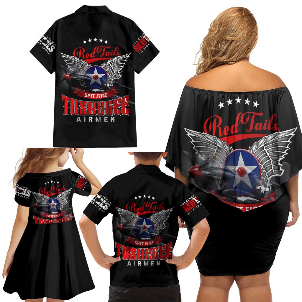 Red Tails Spitfire Tuskegee Airmen Family Matching Off Shoulder Short Dress and Hawaiian Shirt 332nd Fighter Group WWII Legacy Tribute - Wonder Print Shop
