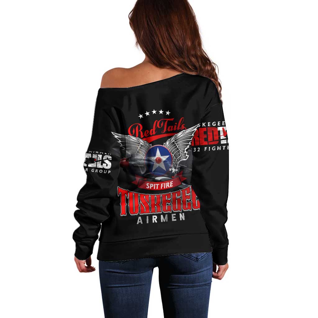 Red Tails Spitfire Tuskegee Airmen Off Shoulder Sweater 332nd Fighter Group WWII Legacy Tribute - Wonder Print Shop