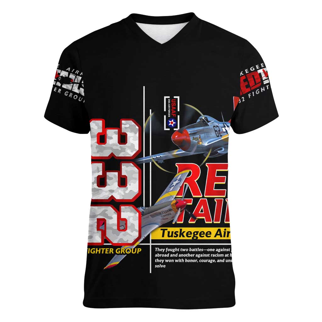 Red Tails Spitfire Tuskegee Airmen Women V-Neck T-Shirt 332nd Fighter Group WWII Legacy Tribute - Wonder Print Shop