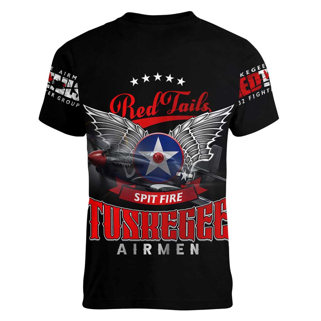 Red Tails Spitfire Tuskegee Airmen Women V-Neck T-Shirt 332nd Fighter Group WWII Legacy Tribute - Wonder Print Shop