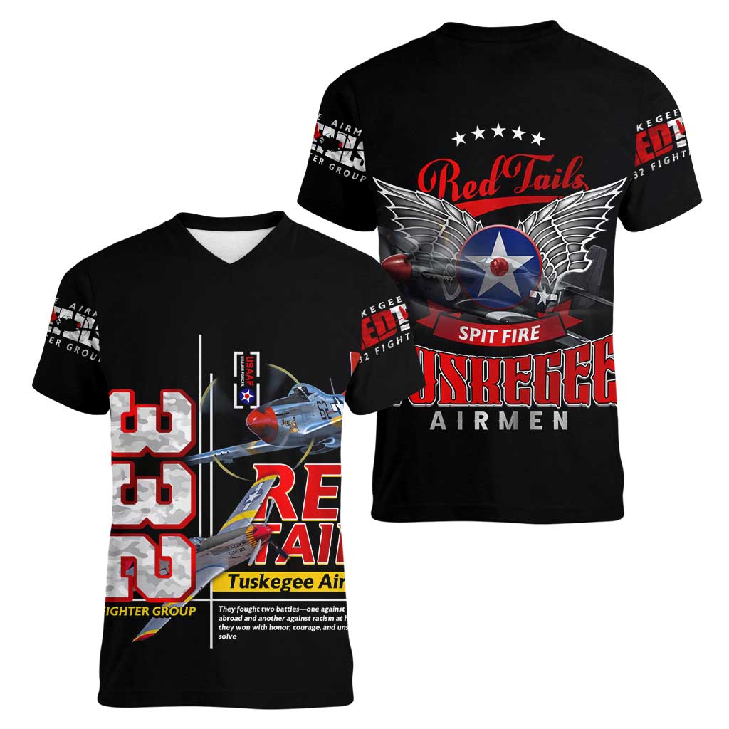 Red Tails Spitfire Tuskegee Airmen Women V-Neck T-Shirt 332nd Fighter Group WWII Legacy Tribute - Wonder Print Shop