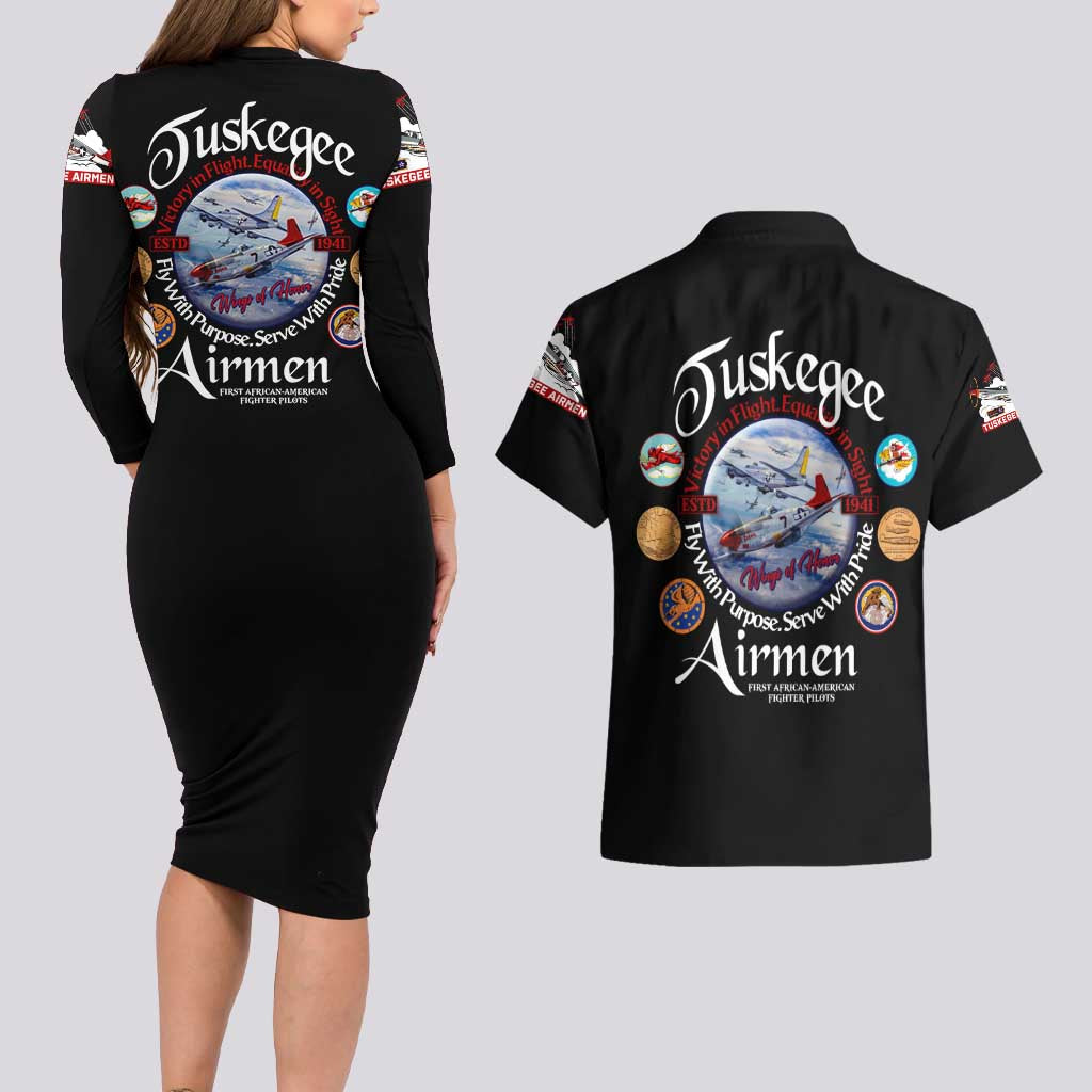 Wings of Honor Tuskegee Airmen Couples Matching Long Sleeve Bodycon Dress and Hawaiian Shirt 332nd 477th Fighter Group Tribute - Wonder Print Shop