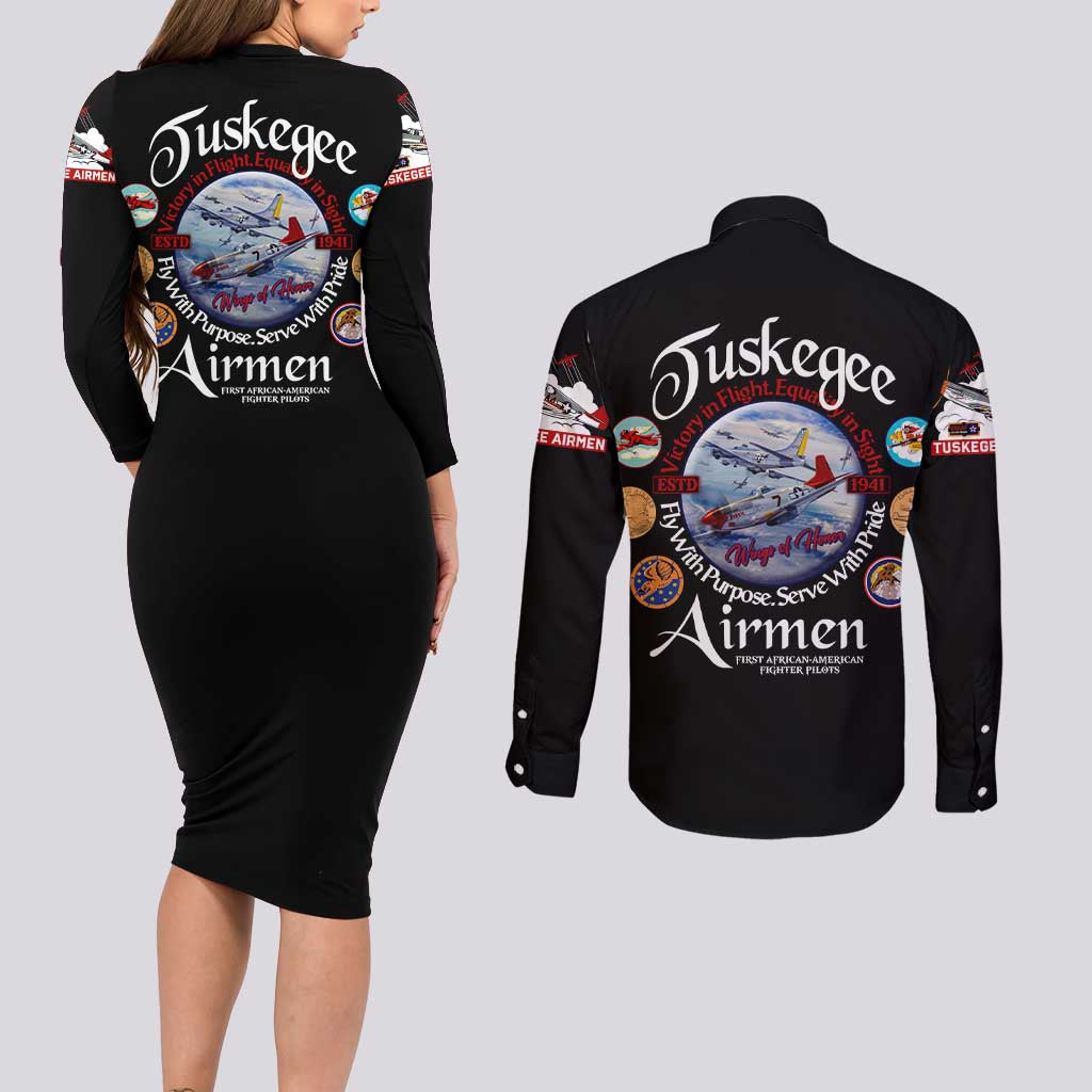 Wings of Honor Tuskegee Airmen Couples Matching Long Sleeve Bodycon Dress and Long Sleeve Button Shirt 332nd 477th Fighter Group Tribute - Wonder Print Shop