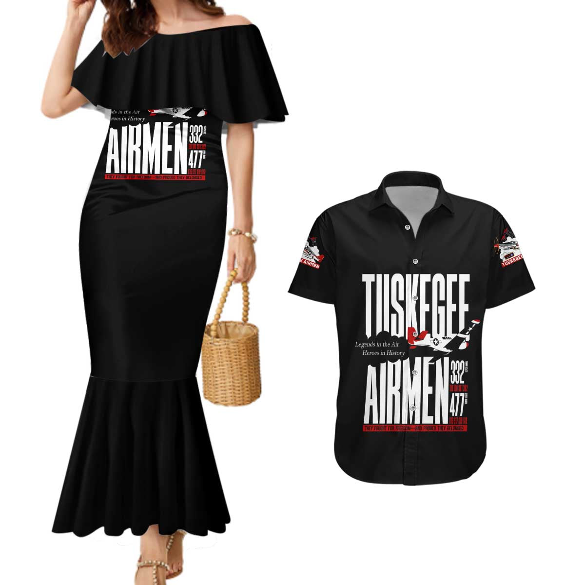 Wings of Honor Tuskegee Airmen Couples Matching Mermaid Dress and Hawaiian Shirt 332nd 477th Fighter Group Tribute - Wonder Print Shop