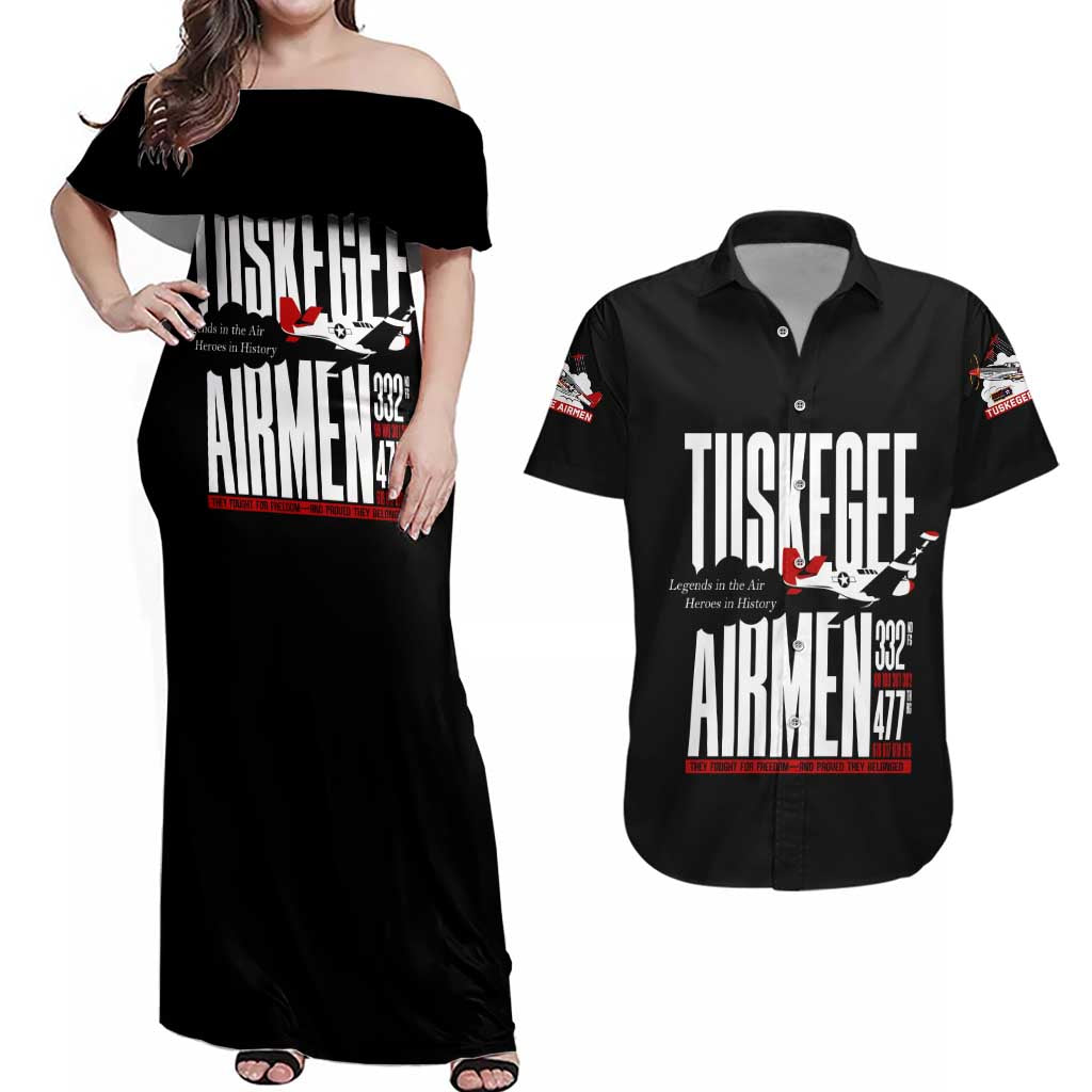 Wings of Honor Tuskegee Airmen Couples Matching Off Shoulder Maxi Dress and Hawaiian Shirt 332nd 477th Fighter Group Tribute - Wonder Print Shop