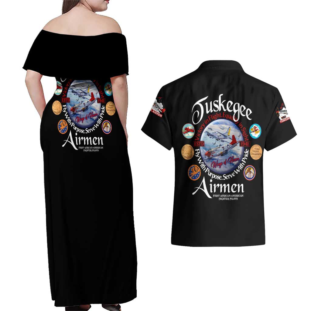 Wings of Honor Tuskegee Airmen Couples Matching Off Shoulder Maxi Dress and Hawaiian Shirt 332nd 477th Fighter Group Tribute - Wonder Print Shop