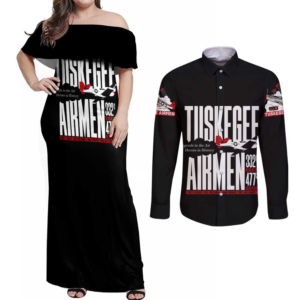 Wings of Honor Tuskegee Airmen Couples Matching Off Shoulder Maxi Dress and Long Sleeve Button Shirt 332nd 477th Fighter Group Tribute - Wonder Print Shop