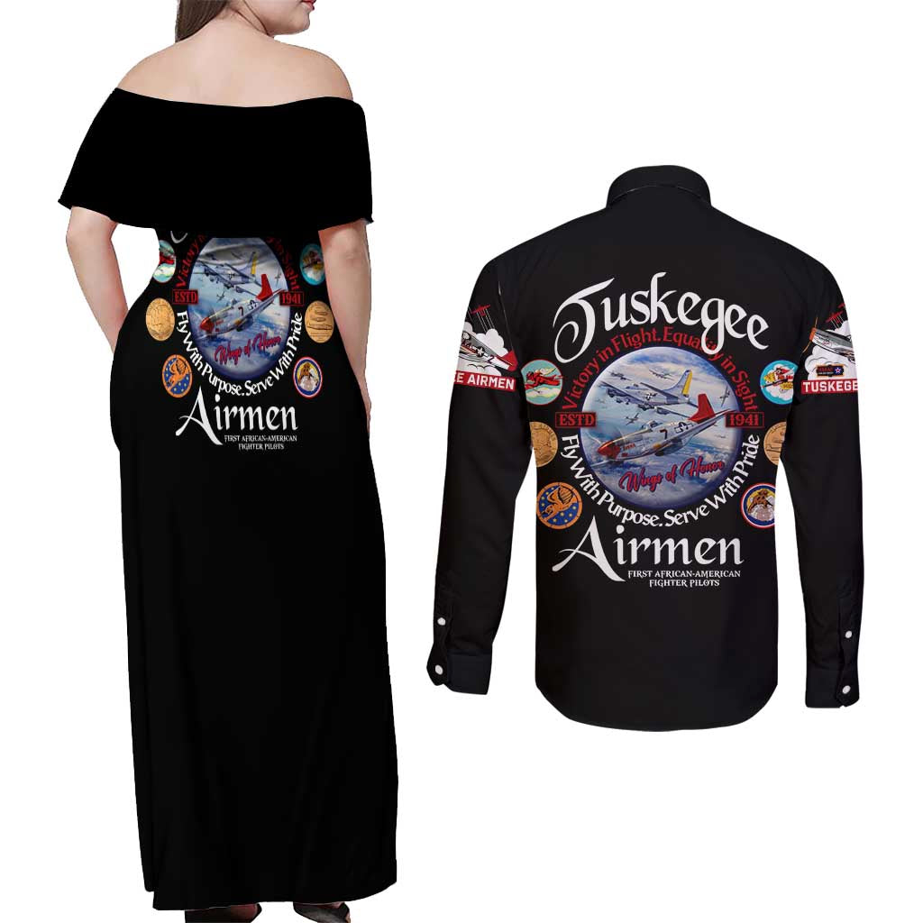 Wings of Honor Tuskegee Airmen Couples Matching Off Shoulder Maxi Dress and Long Sleeve Button Shirt 332nd 477th Fighter Group Tribute - Wonder Print Shop