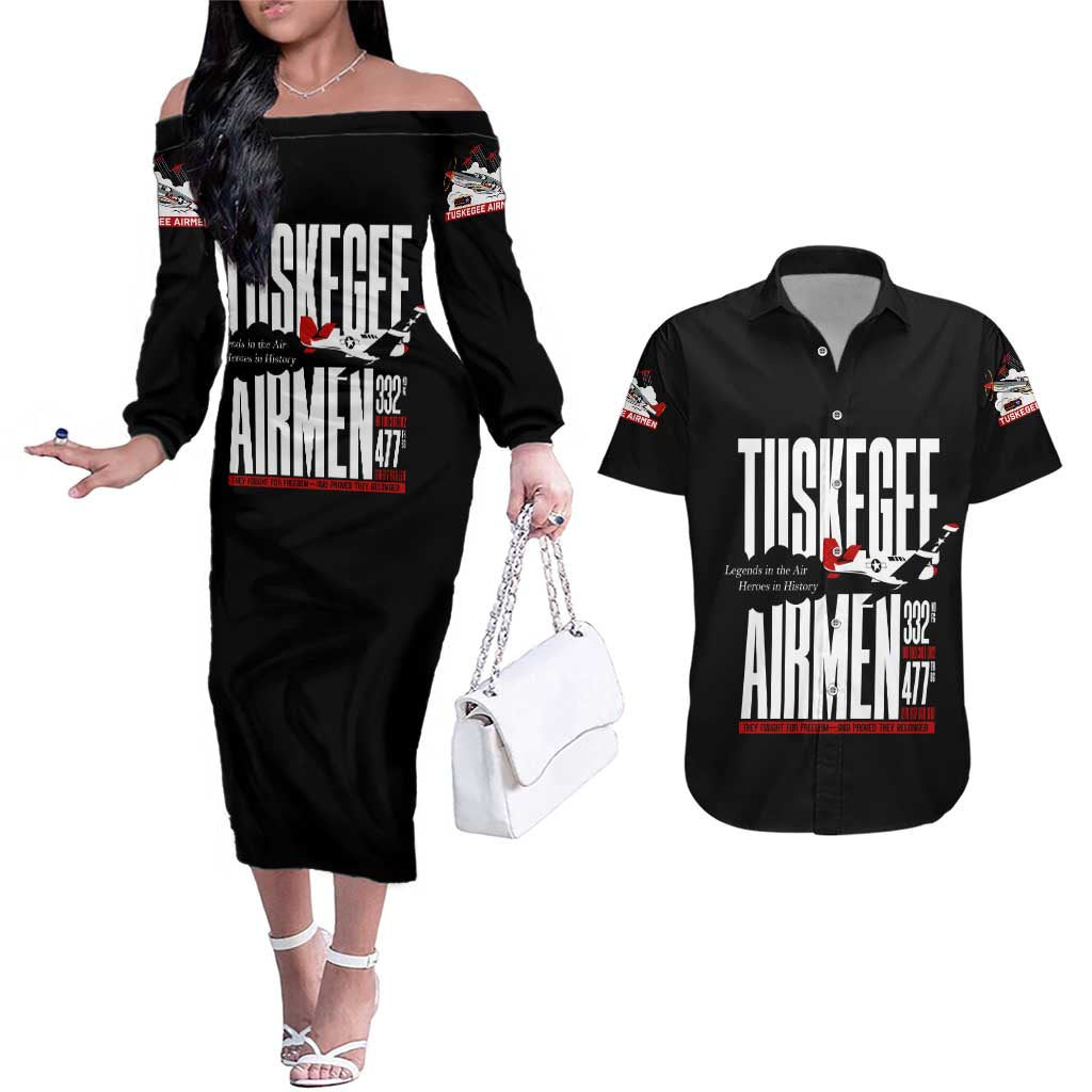 Wings of Honor Tuskegee Airmen Couples Matching Off The Shoulder Long Sleeve Dress and Hawaiian Shirt 332nd 477th Fighter Group Tribute - Wonder Print Shop