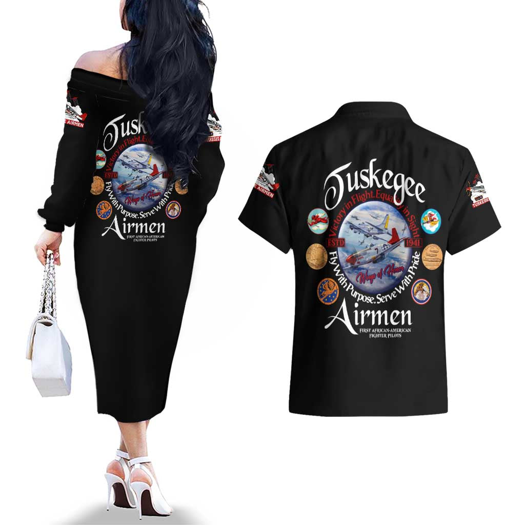 Wings of Honor Tuskegee Airmen Couples Matching Off The Shoulder Long Sleeve Dress and Hawaiian Shirt 332nd 477th Fighter Group Tribute - Wonder Print Shop