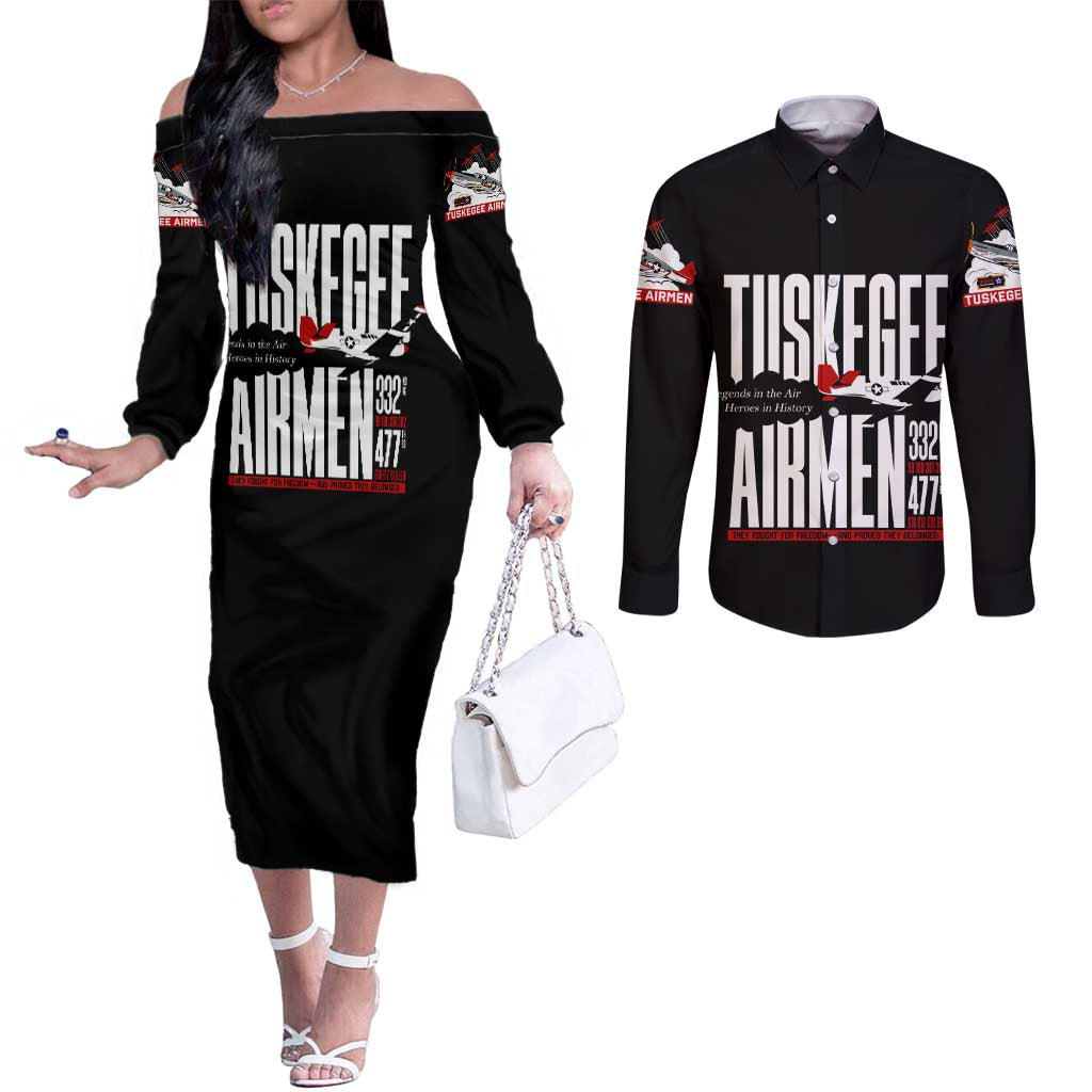 Wings of Honor Tuskegee Airmen Couples Matching Off The Shoulder Long Sleeve Dress and Long Sleeve Button Shirt 332nd 477th Fighter Group Tribute - Wonder Print Shop