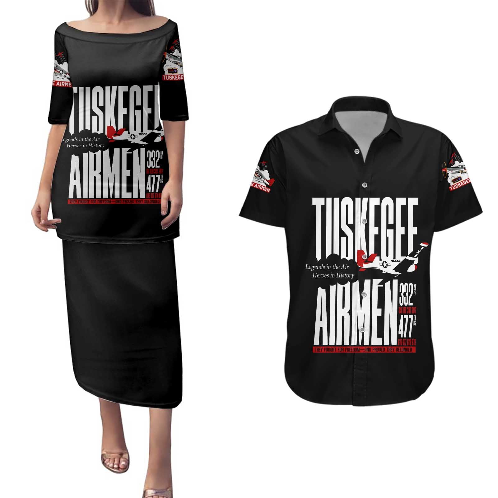 Wings of Honor Tuskegee Airmen Couples Matching Puletasi and Hawaiian Shirt 332nd 477th Fighter Group Tribute - Wonder Print Shop