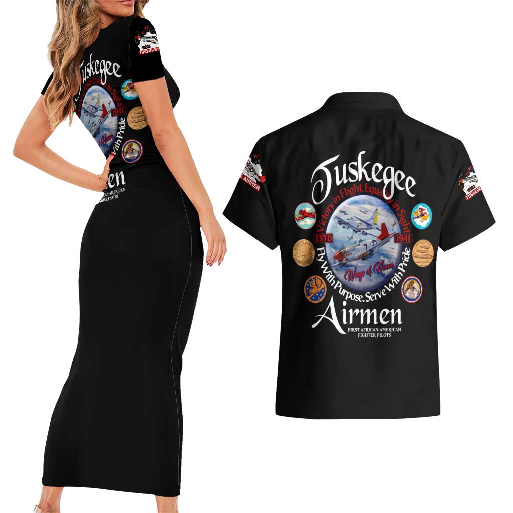 Wings of Honor Tuskegee Airmen Couples Matching Short Sleeve Bodycon Dress and Hawaiian Shirt 332nd 477th Fighter Group Tribute - Wonder Print Shop