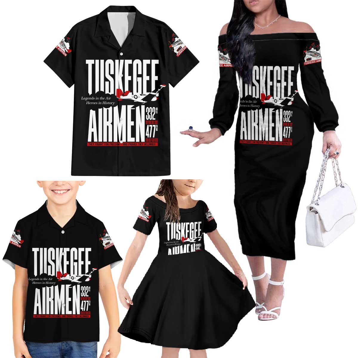 Wings of Honor Tuskegee Airmen Family Matching Off The Shoulder Long Sleeve Dress and Hawaiian Shirt 332nd 477th Fighter Group Tribute - Wonder Print Shop