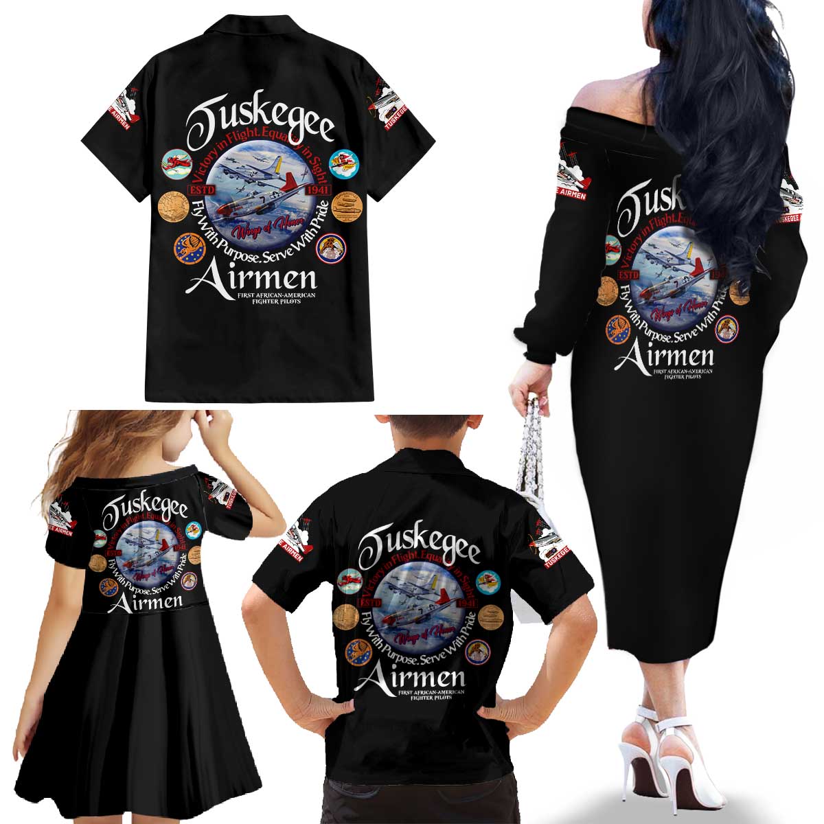 Wings of Honor Tuskegee Airmen Family Matching Off The Shoulder Long Sleeve Dress and Hawaiian Shirt 332nd 477th Fighter Group Tribute - Wonder Print Shop