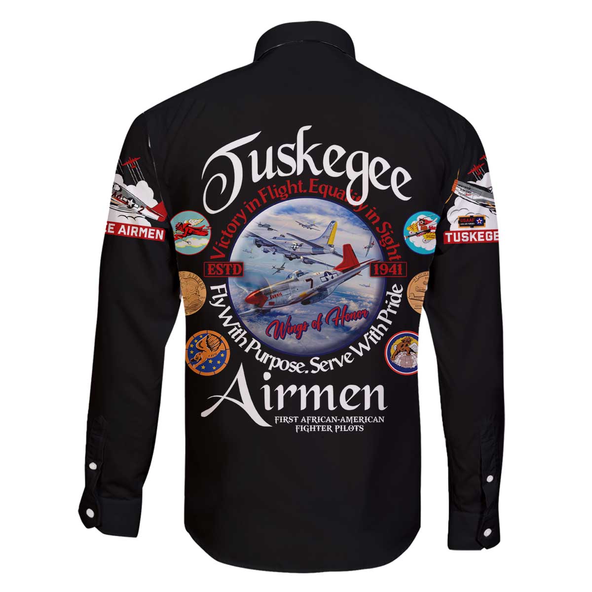 Wings of Honor Tuskegee Airmen Family Matching Off The Shoulder Long Sleeve Dress and Hawaiian Shirt 332nd 477th Fighter Group Tribute - Wonder Print Shop