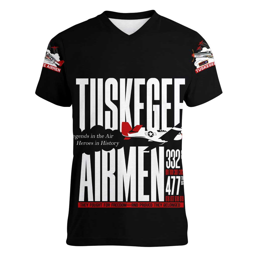 Wings of Honor Tuskegee Airmen Women V-Neck T-Shirt 332nd 477th Fighter Group Tribute - Wonder Print Shop