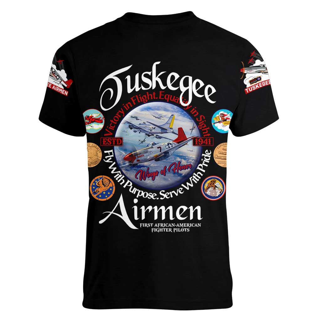 Wings of Honor Tuskegee Airmen Women V-Neck T-Shirt 332nd 477th Fighter Group Tribute - Wonder Print Shop