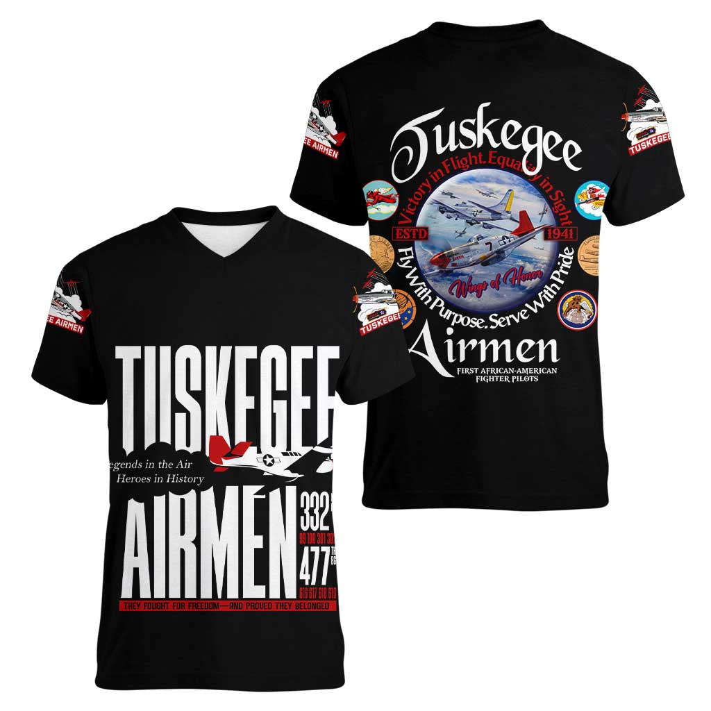 Wings of Honor Tuskegee Airmen Women V-Neck T-Shirt 332nd 477th Fighter Group Tribute - Wonder Print Shop