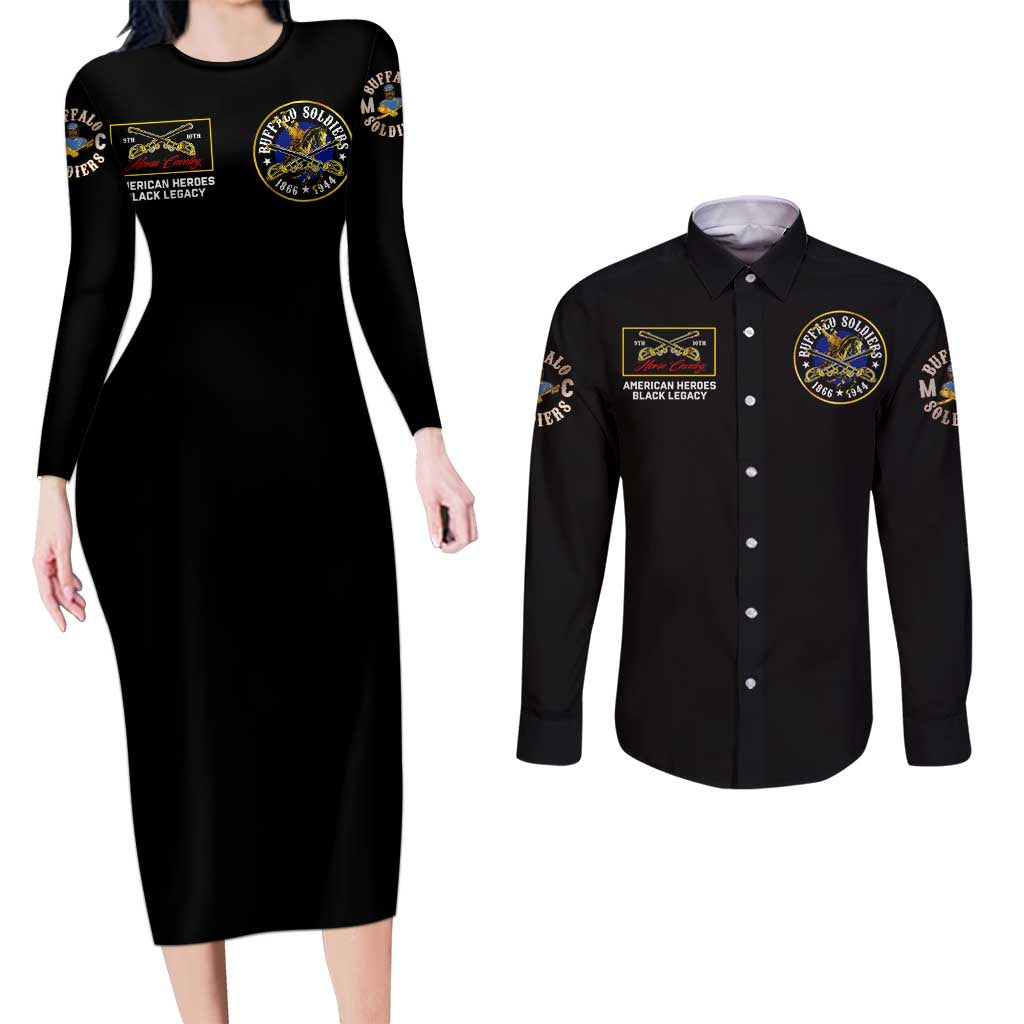 Buffalo Soldiers 1866-1944 Couples Matching Long Sleeve Bodycon Dress and Long Sleeve Button Shirt American Black Heros Legacy - Wonder Print Shop
