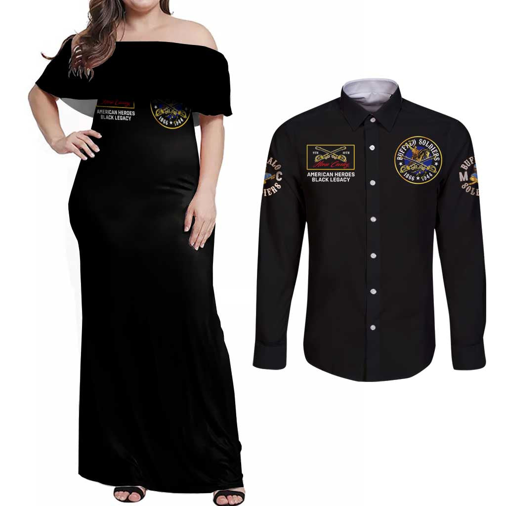 Buffalo Soldiers 1866-1944 Couples Matching Off Shoulder Maxi Dress and Long Sleeve Button Shirt American Black Heros Legacy - Wonder Print Shop