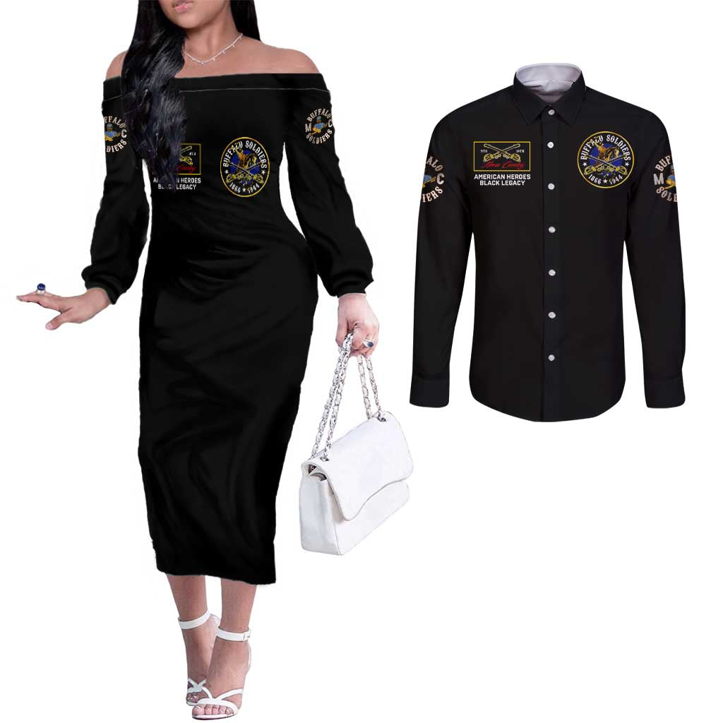 Buffalo Soldiers 1866-1944 Couples Matching Off The Shoulder Long Sleeve Dress and Long Sleeve Button Shirt American Black Heros Legacy - Wonder Print Shop