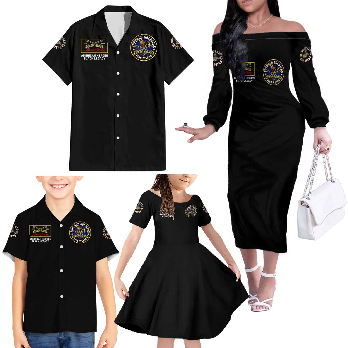 Buffalo Soldiers 1866-1944 Family Matching Off The Shoulder Long Sleeve Dress and Hawaiian Shirt American Black Heros Legacy - Wonder Print Shop