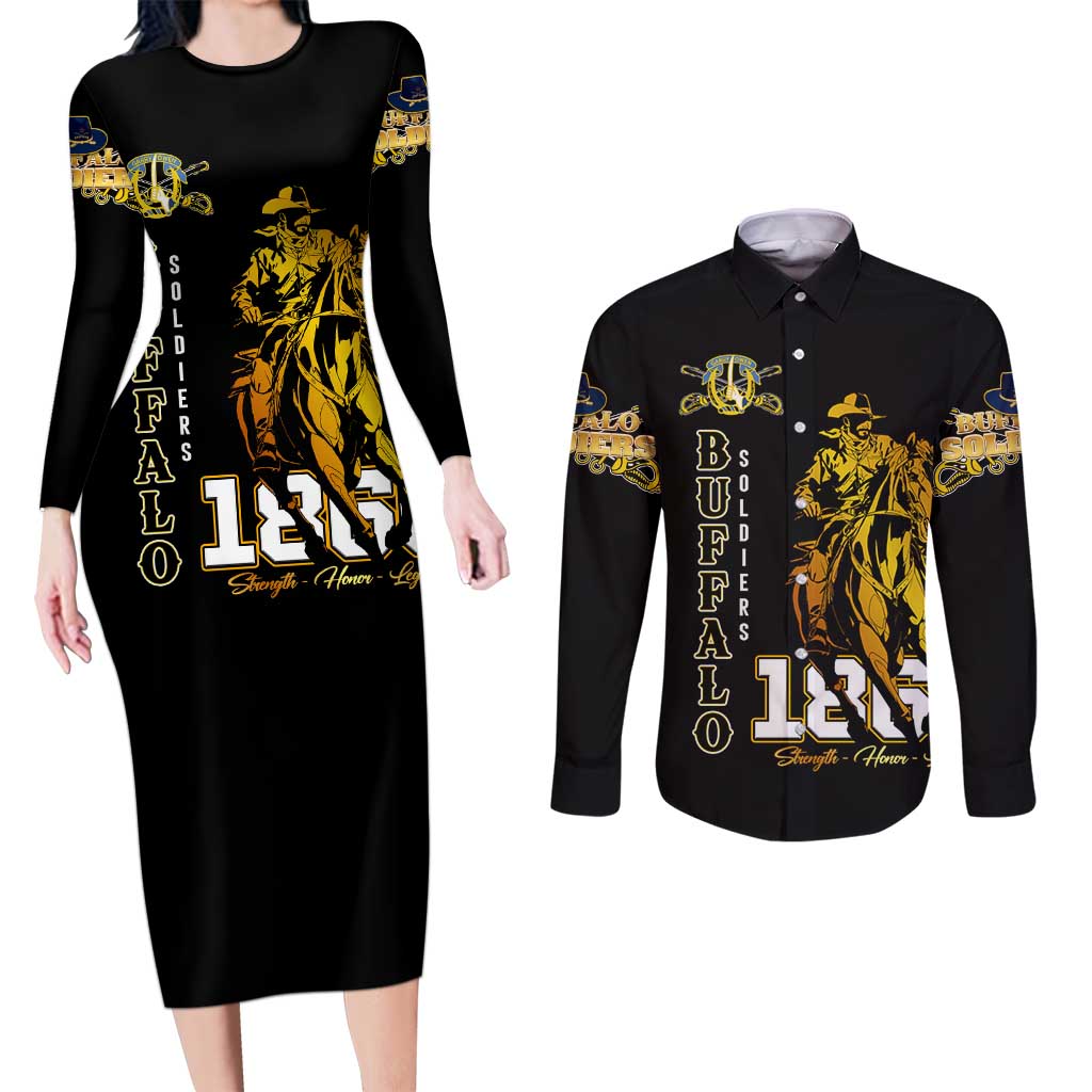 Buffalo Soldiers Strength Honor Legacy Couples Matching Long Sleeve Bodycon Dress and Long Sleeve Button Shirt African-American Cavalry Tribute - Wonder Print Shop