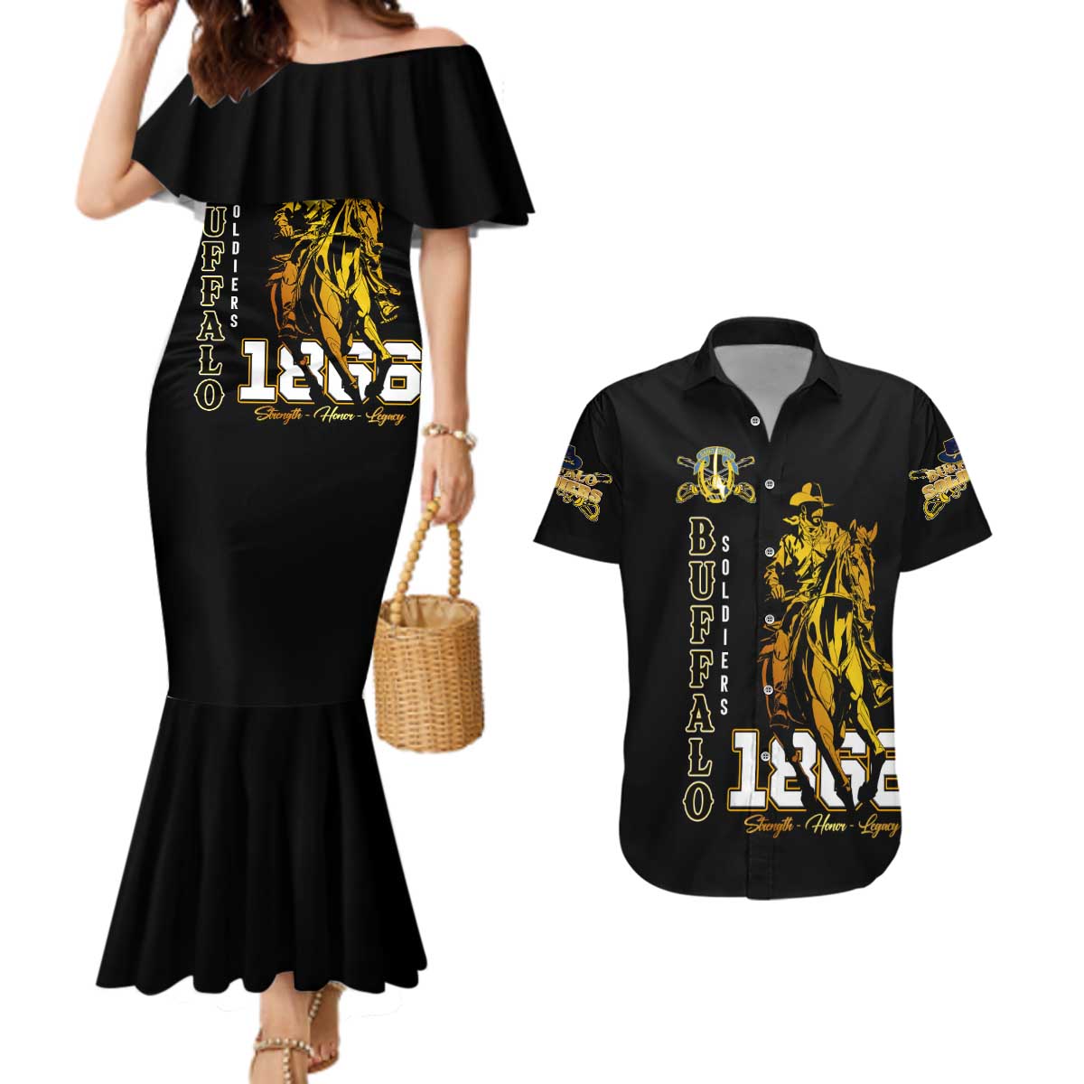 Buffalo Soldiers Strength Honor Legacy Couples Matching Mermaid Dress and Hawaiian Shirt African-American Cavalry Tribute - Wonder Print Shop