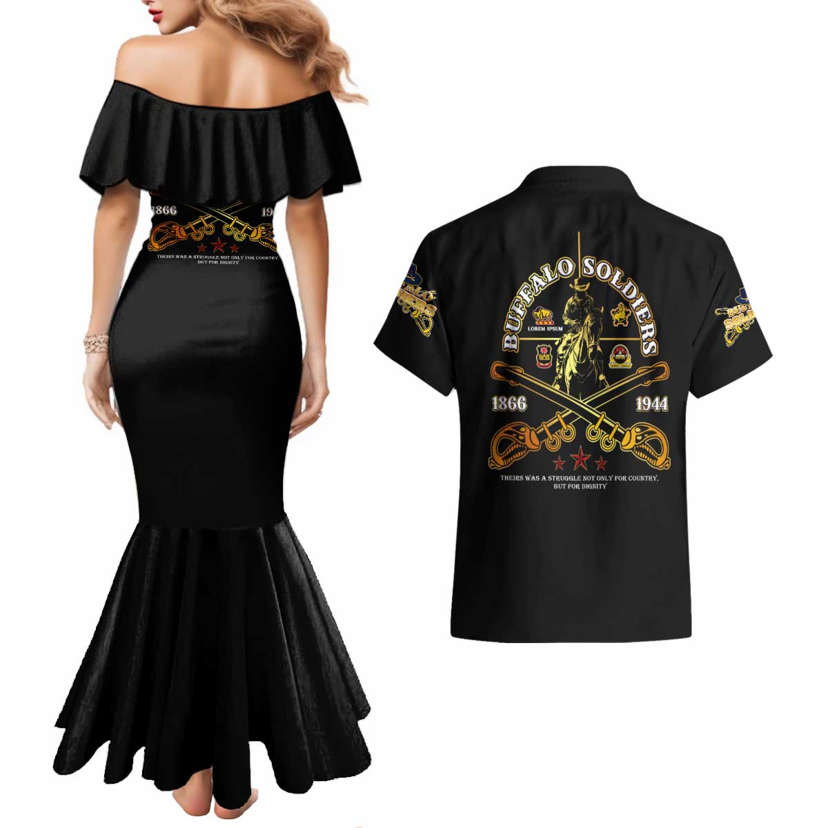 Buffalo Soldiers Strength Honor Legacy Couples Matching Mermaid Dress and Hawaiian Shirt African-American Cavalry Tribute - Wonder Print Shop