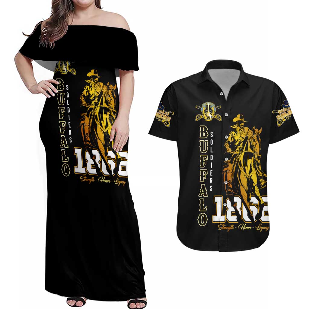 Buffalo Soldiers Strength Honor Legacy Couples Matching Off Shoulder Maxi Dress and Hawaiian Shirt African-American Cavalry Tribute - Wonder Print Shop