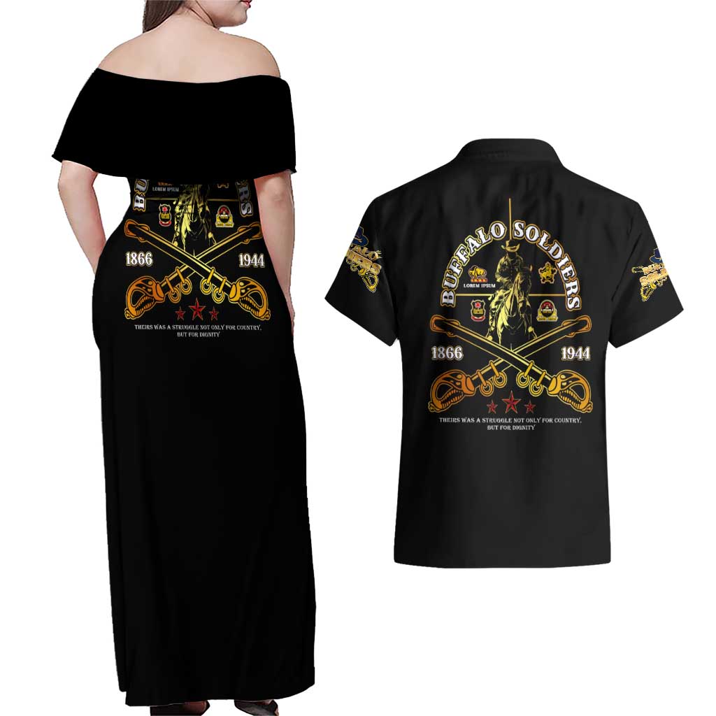 Buffalo Soldiers Strength Honor Legacy Couples Matching Off Shoulder Maxi Dress and Hawaiian Shirt African-American Cavalry Tribute - Wonder Print Shop