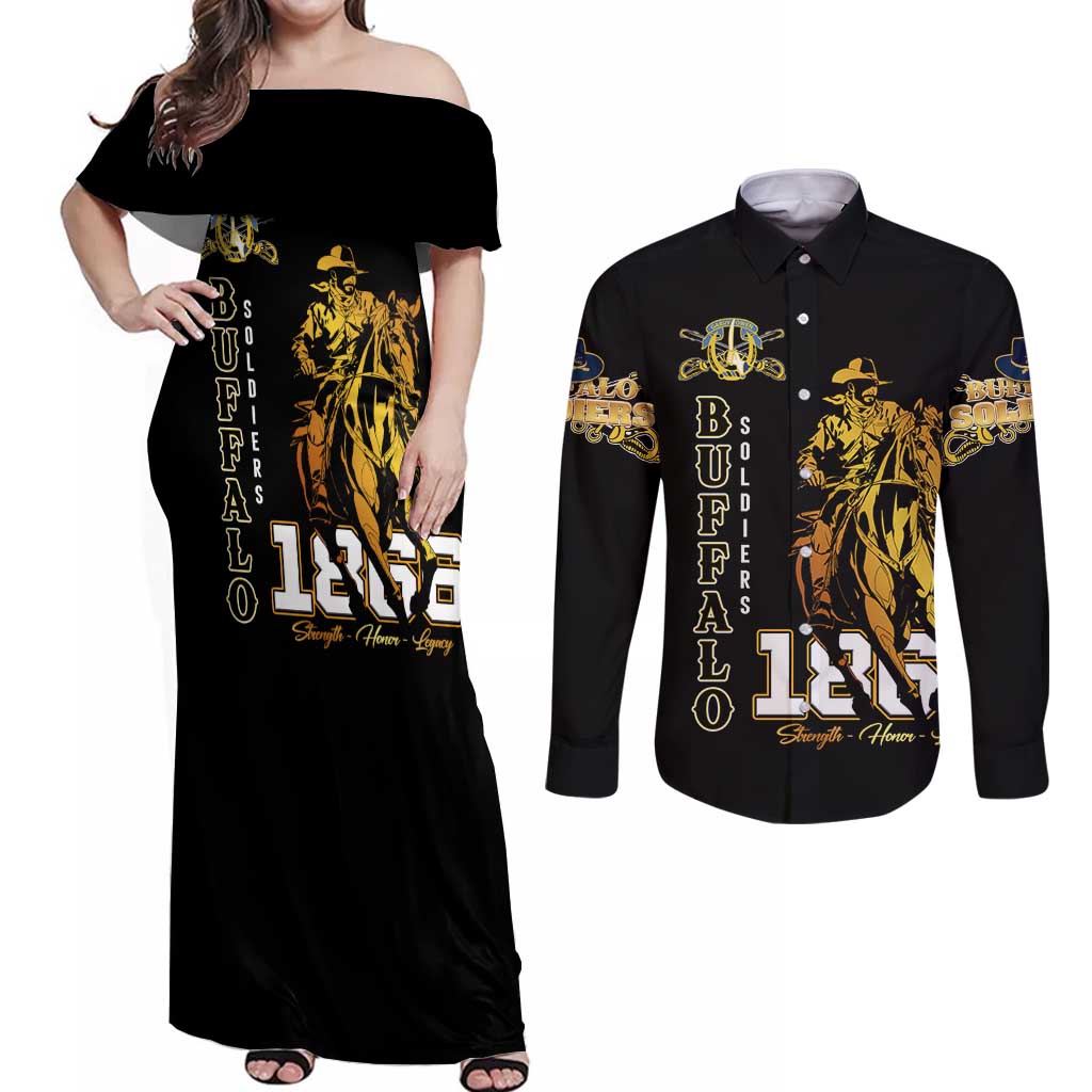 Buffalo Soldiers Strength Honor Legacy Couples Matching Off Shoulder Maxi Dress and Long Sleeve Button Shirt African-American Cavalry Tribute - Wonder Print Shop
