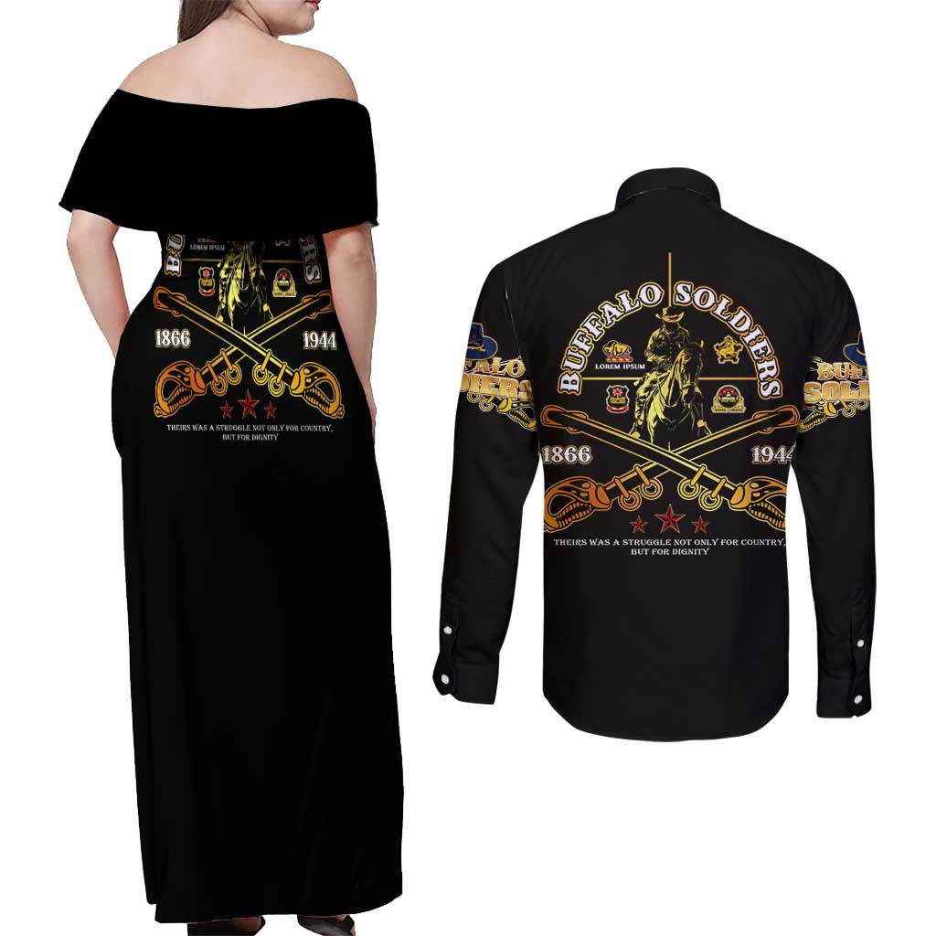 Buffalo Soldiers Strength Honor Legacy Couples Matching Off Shoulder Maxi Dress and Long Sleeve Button Shirt African-American Cavalry Tribute - Wonder Print Shop