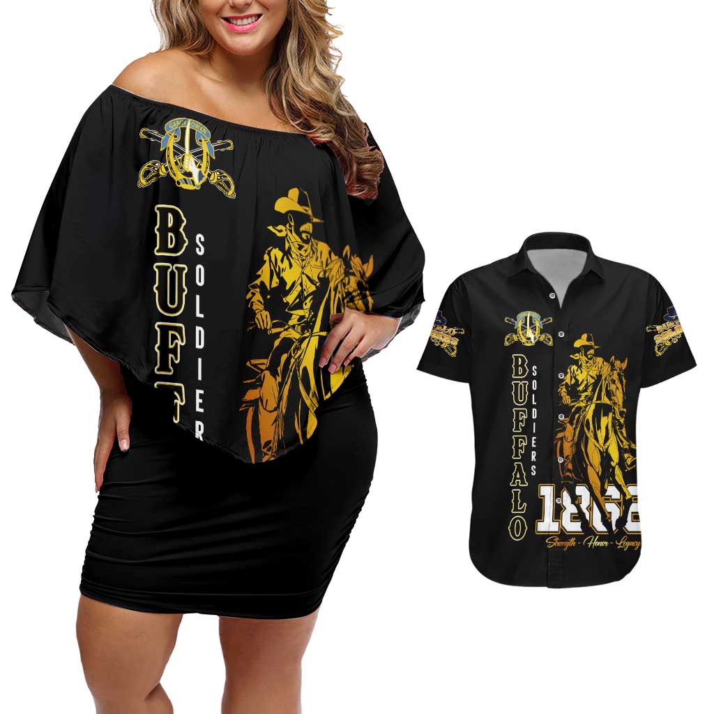 Buffalo Soldiers Strength Honor Legacy Couples Matching Off Shoulder Short Dress and Hawaiian Shirt African-American Cavalry Tribute - Wonder Print Shop
