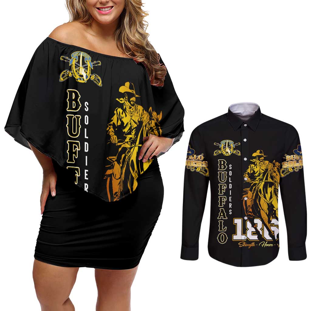 Buffalo Soldiers Strength Honor Legacy Couples Matching Off Shoulder Short Dress and Long Sleeve Button Shirt African-American Cavalry Tribute - Wonder Print Shop