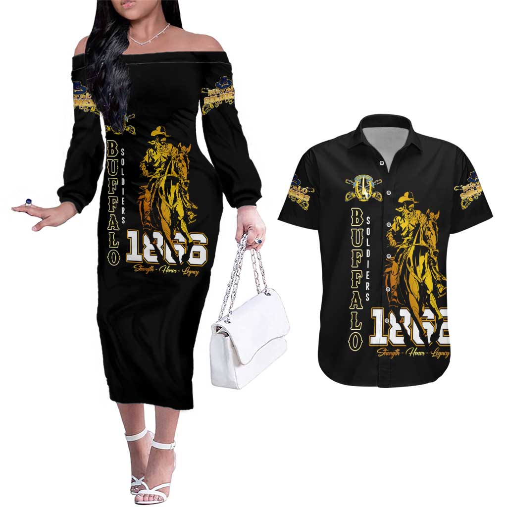 Buffalo Soldiers Strength Honor Legacy Couples Matching Off The Shoulder Long Sleeve Dress and Hawaiian Shirt African-American Cavalry Tribute - Wonder Print Shop
