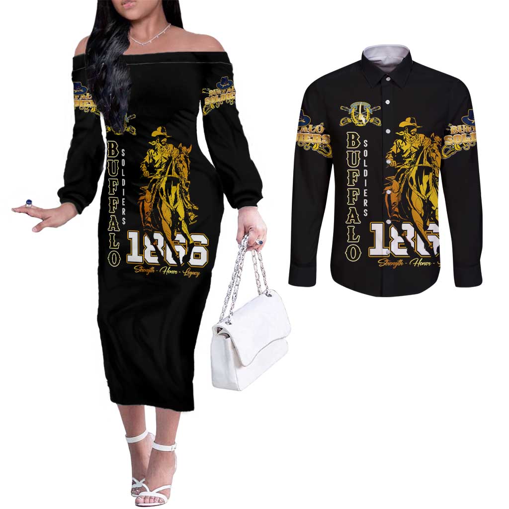Buffalo Soldiers Strength Honor Legacy Couples Matching Off The Shoulder Long Sleeve Dress and Long Sleeve Button Shirt African-American Cavalry Tribute - Wonder Print Shop