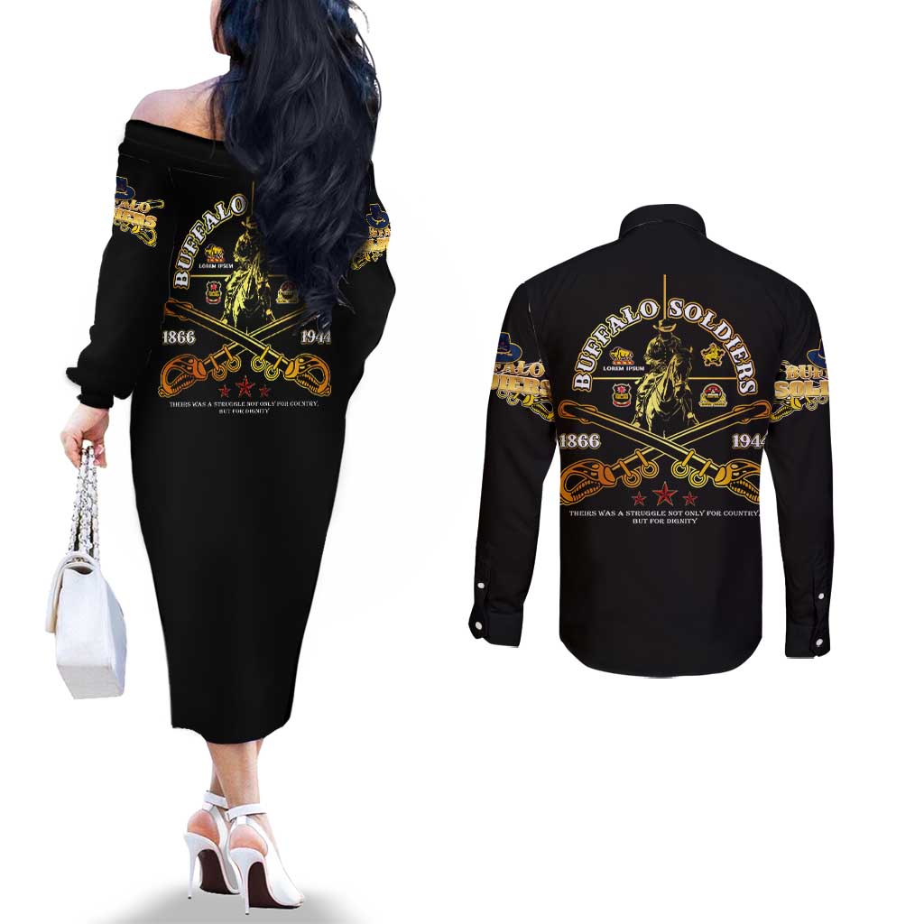 Buffalo Soldiers Strength Honor Legacy Couples Matching Off The Shoulder Long Sleeve Dress and Long Sleeve Button Shirt African-American Cavalry Tribute - Wonder Print Shop