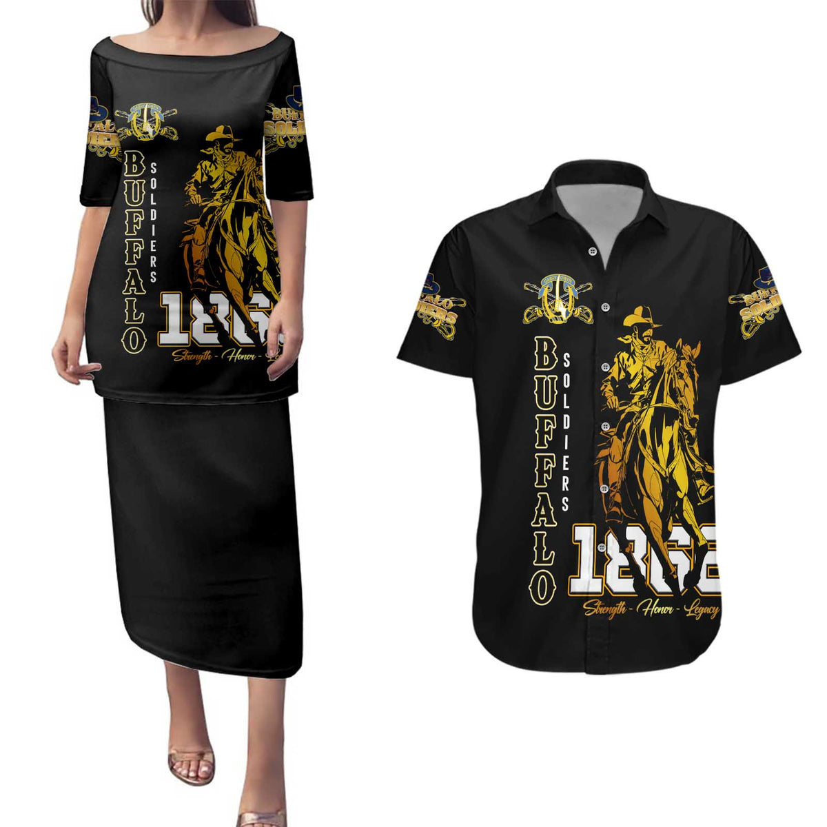 Buffalo Soldiers Strength Honor Legacy Couples Matching Puletasi and Hawaiian Shirt African-American Cavalry Tribute - Wonder Print Shop