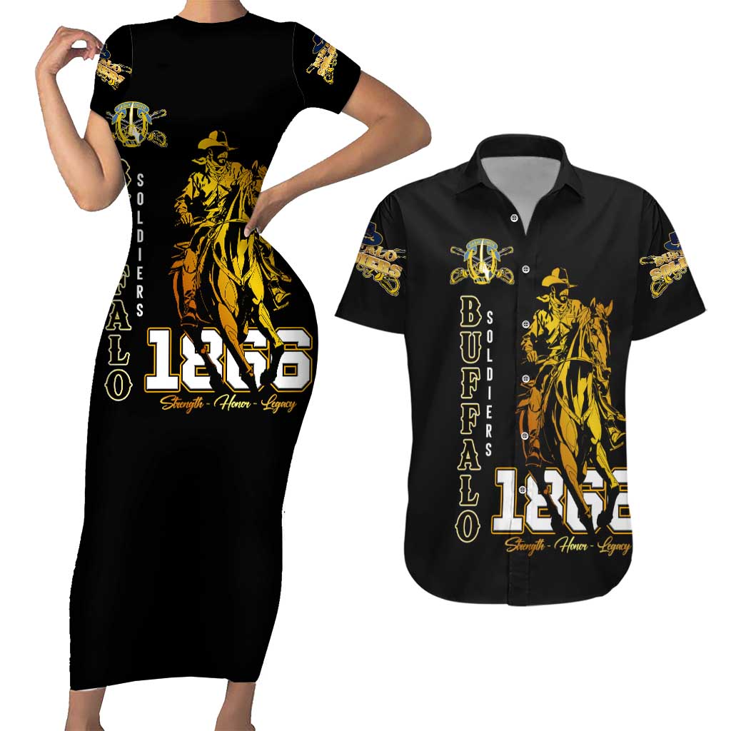 Buffalo Soldiers Strength Honor Legacy Couples Matching Short Sleeve Bodycon Dress and Hawaiian Shirt African-American Cavalry Tribute - Wonder Print Shop