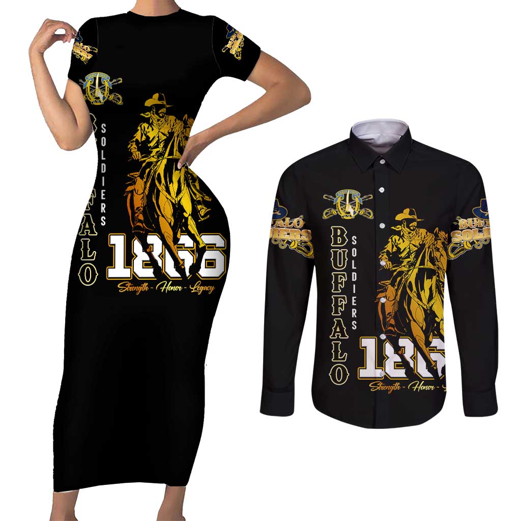 Buffalo Soldiers Strength Honor Legacy Couples Matching Short Sleeve Bodycon Dress and Long Sleeve Button Shirt African-American Cavalry Tribute - Wonder Print Shop