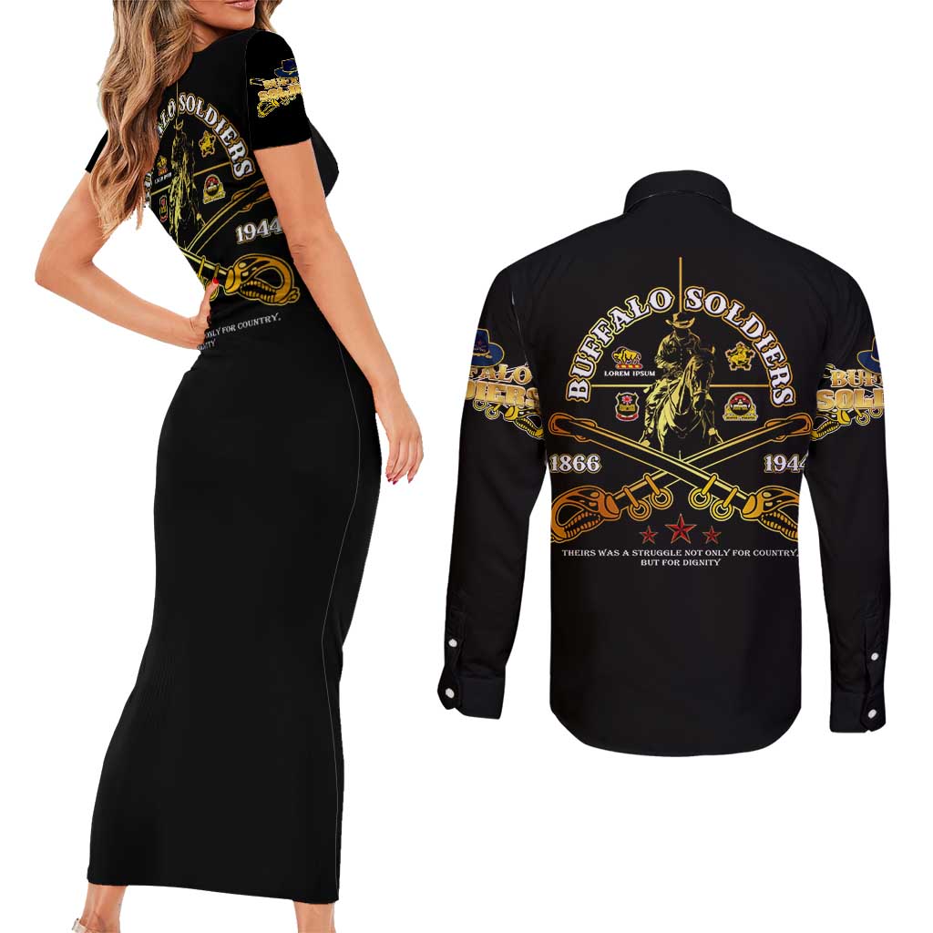 Buffalo Soldiers Strength Honor Legacy Couples Matching Short Sleeve Bodycon Dress and Long Sleeve Button Shirt African-American Cavalry Tribute - Wonder Print Shop