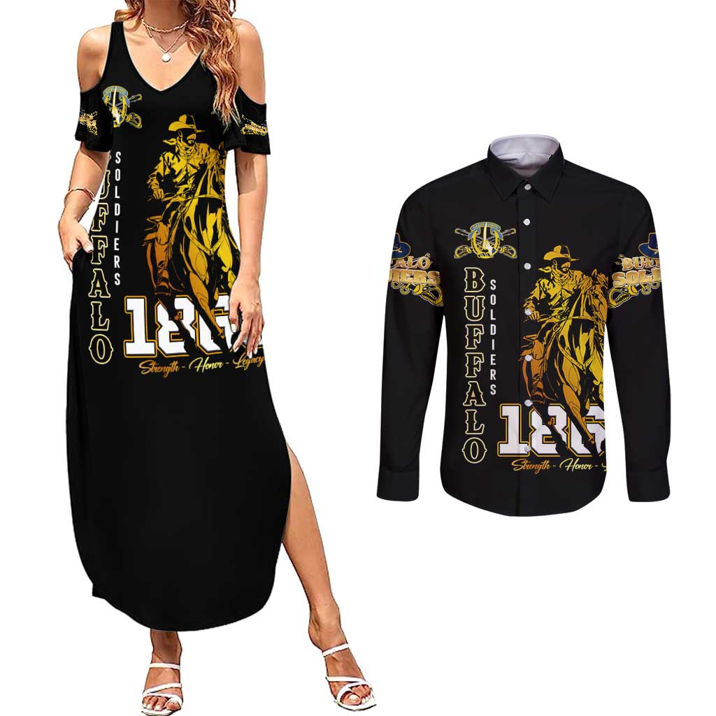 Buffalo Soldiers Strength Honor Legacy Couples Matching Summer Maxi Dress and Long Sleeve Button Shirt African-American Cavalry Tribute - Wonder Print Shop