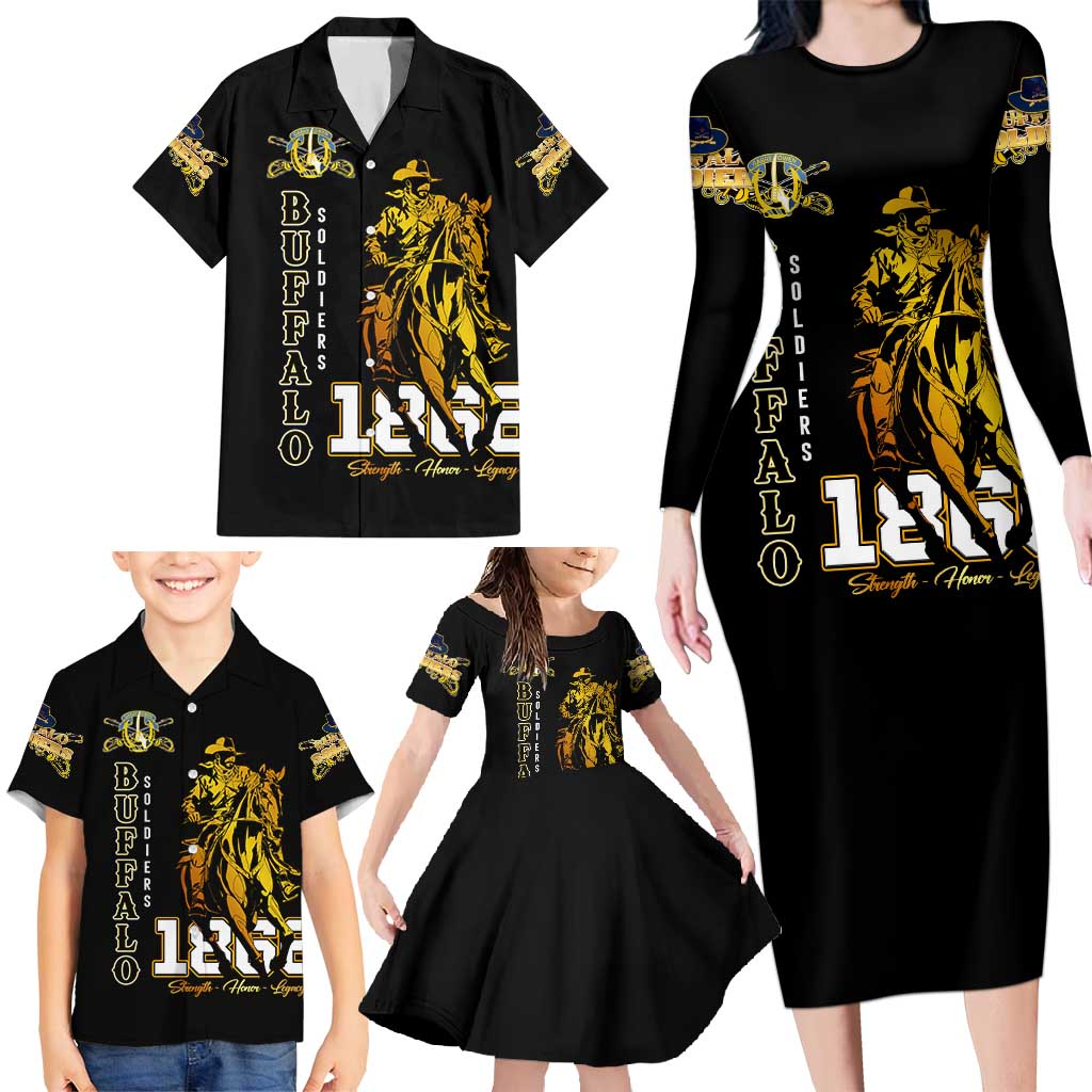 Buffalo Soldiers Strength Honor Legacy Family Matching Long Sleeve Bodycon Dress and Hawaiian Shirt African-American Cavalry Tribute - Wonder Print Shop
