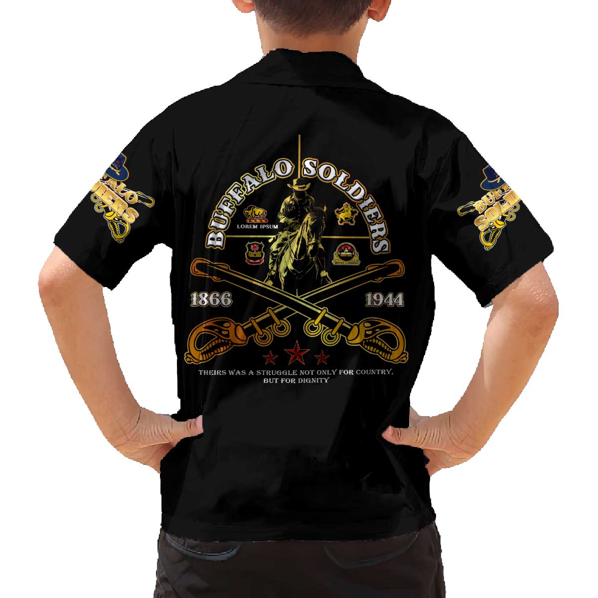 Buffalo Soldiers Strength Honor Legacy Family Matching Off The Shoulder Long Sleeve Dress and Hawaiian Shirt African-American Cavalry Tribute - Wonder Print Shop