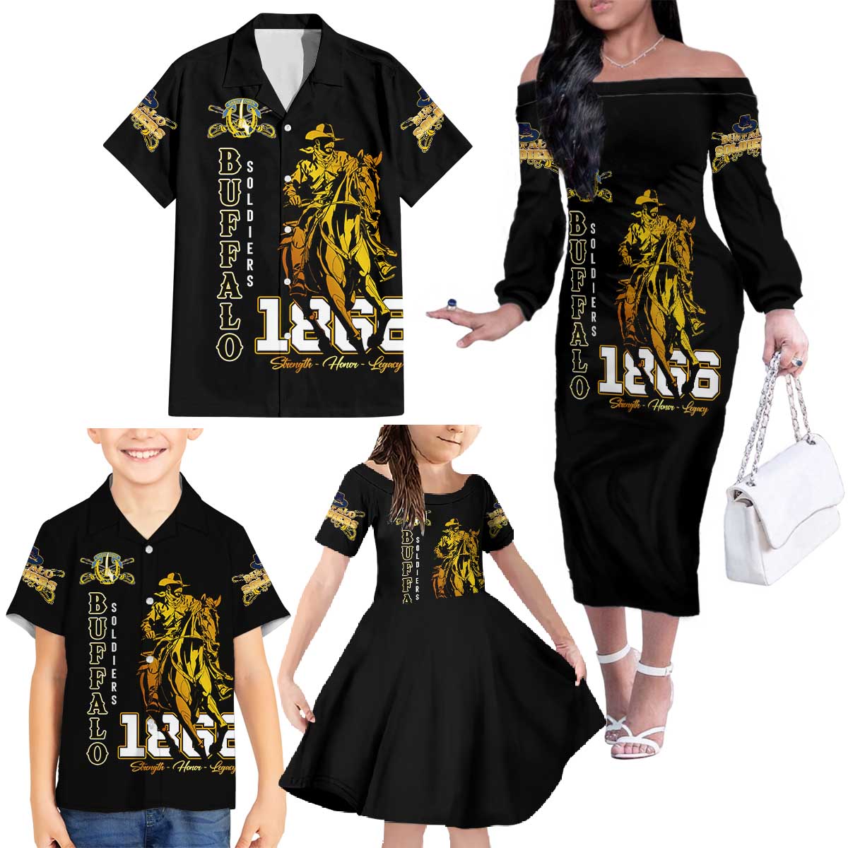 Buffalo Soldiers Strength Honor Legacy Family Matching Off The Shoulder Long Sleeve Dress and Hawaiian Shirt African-American Cavalry Tribute - Wonder Print Shop