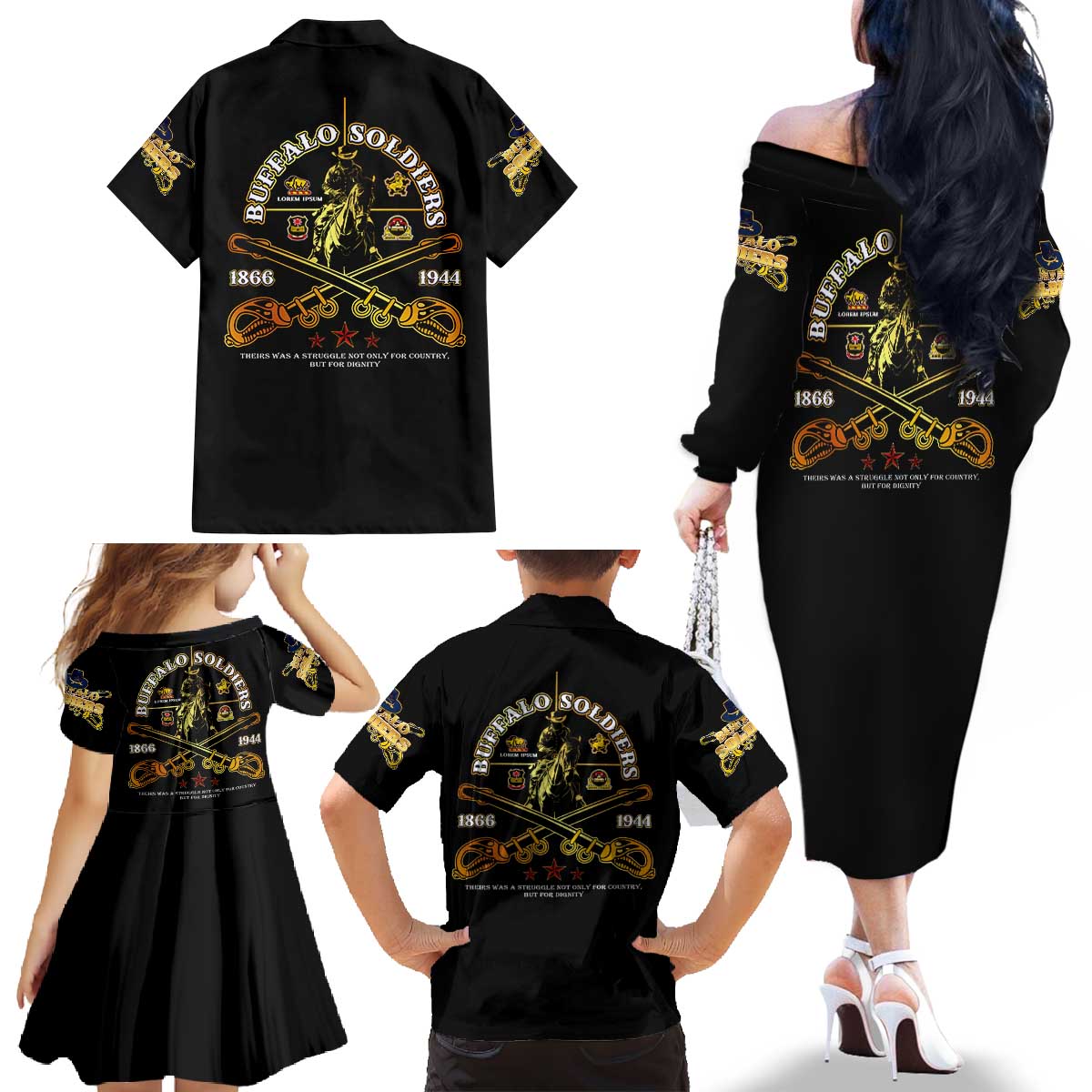Buffalo Soldiers Strength Honor Legacy Family Matching Off The Shoulder Long Sleeve Dress and Hawaiian Shirt African-American Cavalry Tribute - Wonder Print Shop