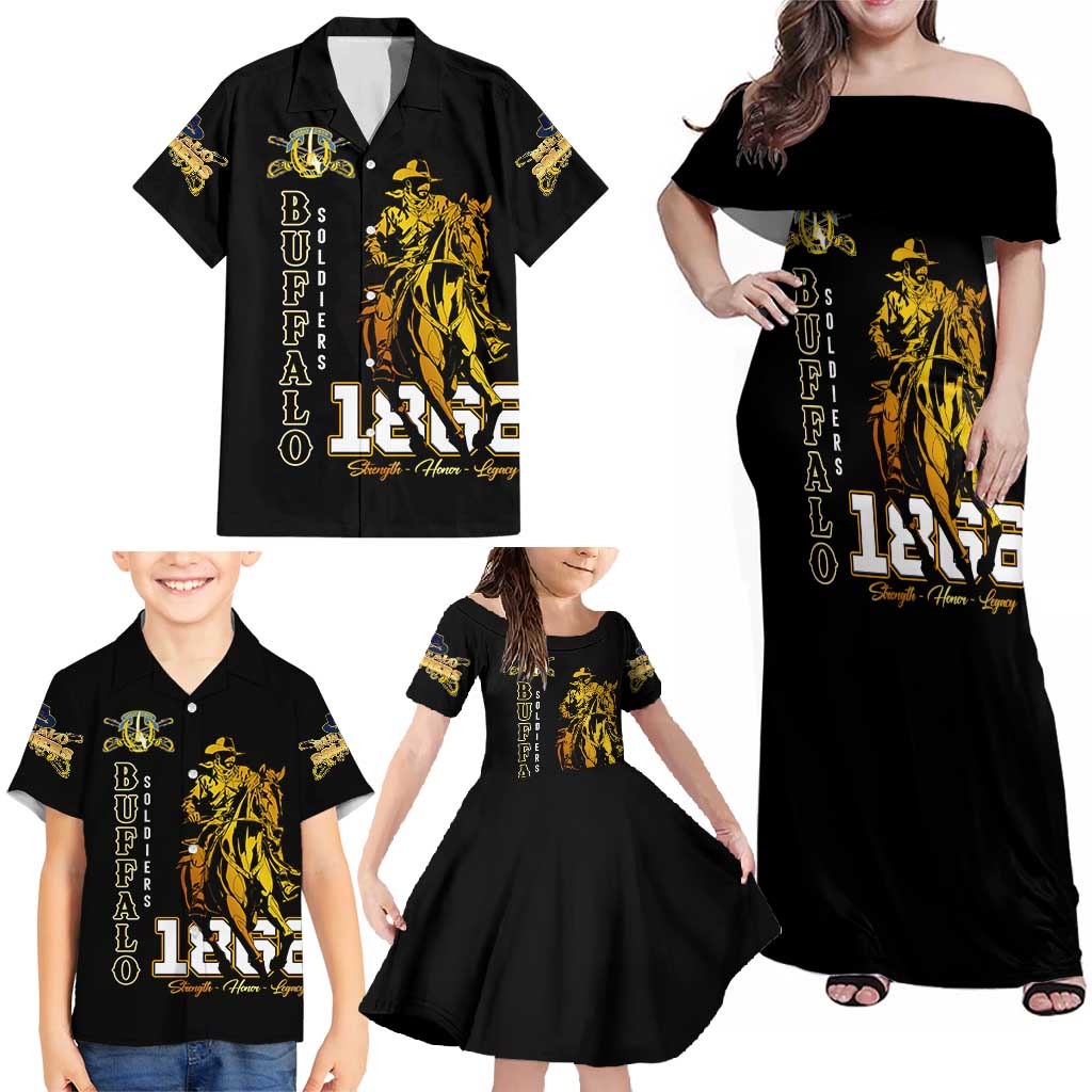 Buffalo Soldiers Strength Honor Legacy Family Matching Off Shoulder Maxi Dress and Hawaiian Shirt African-American Cavalry Tribute - Wonder Print Shop